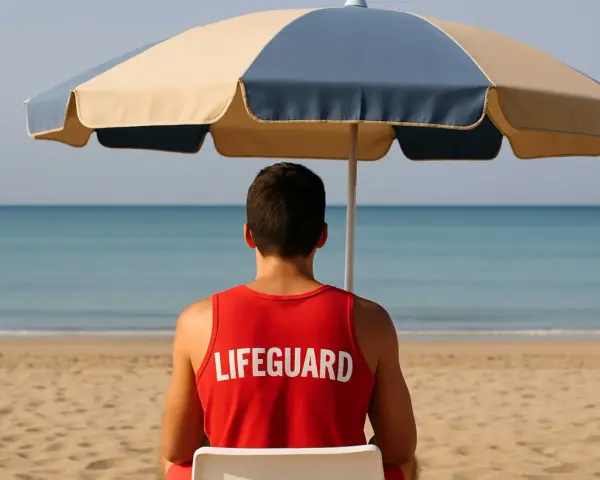 Giovane bagnino sorveglia la spiaggia, un'idea per lavori estivi per minorenni.