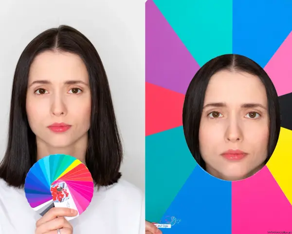 Kobieta z paletą kolorów i twarz w okręgu na tle kolorowych geometrycznych kształtów.