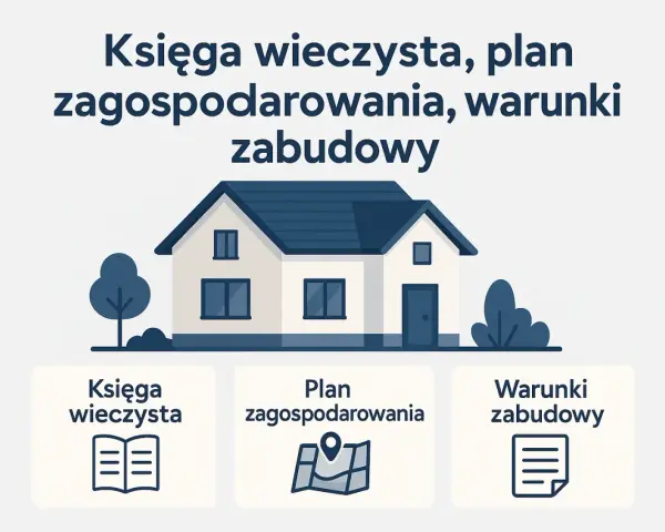 Dom, księga wieczysta, plan zagospodarowania i warunki zabudowy – kluczowe elementy dla terenu zabudowanego.