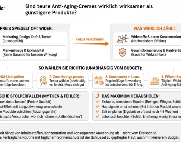 Was ist Anti-Aging-Creme? Die Grafik erklärt, dass Wirkstoffe, Konzentration und Hautverträglichkeit zählen, nicht der Preis.