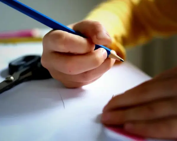 Dziecko pisze wzruszający list do taty. Na stole leżą nożyczki i kredki.