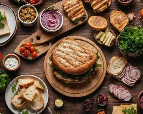 Unikaj objawów niedopasowania menu do gości! Oto jak uwzględnić diety vege i keto: grillowane kanapki, świeże warzywa, sosy i pieczywo.