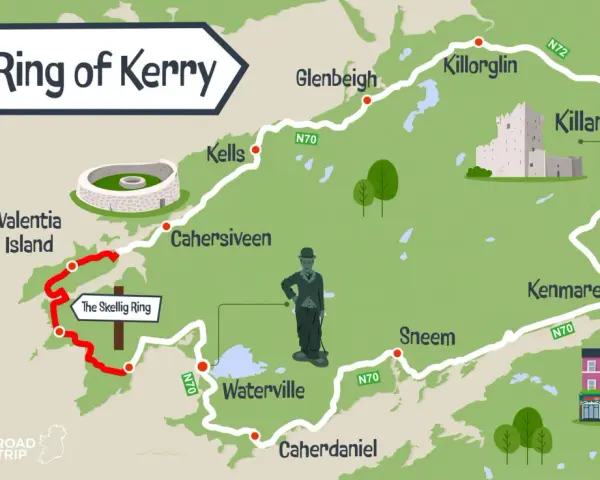 Map of the Ring of Kerry, showing towns like Killarney, Kenmare, and Waterville, with a red route highlighting the Skellig Ring detour.