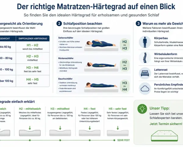 Infografik hilft, die richtige Matratze finden: Körpergewicht, Schlafposition & mehr bestimmen den idealen Härtegrad für Ihren Schlaf.