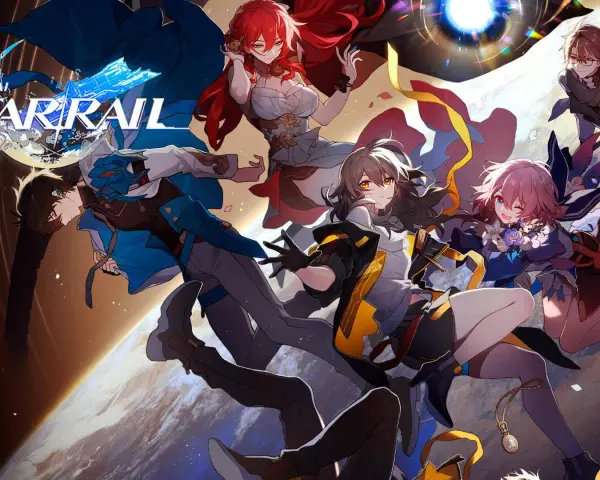 Personajes de Honkai Star Rail flotan sobre la Tierra, listos para una aventura cósmica.