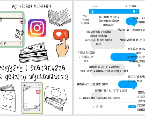 Grafika z elementami do lekcji wychowawczej klasa 7: ikony social mediów, książki, dymki z tekstem o relacjach i emocjach.