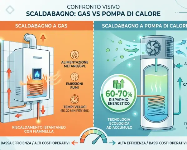 Confronto tra scaldabagno a gas e a pompa di calore. Quest'ultimo, con alimentazione elettrica, offre risparmio energetico e tecnologia ecologica, a differenza dello scaldabagno a gas.