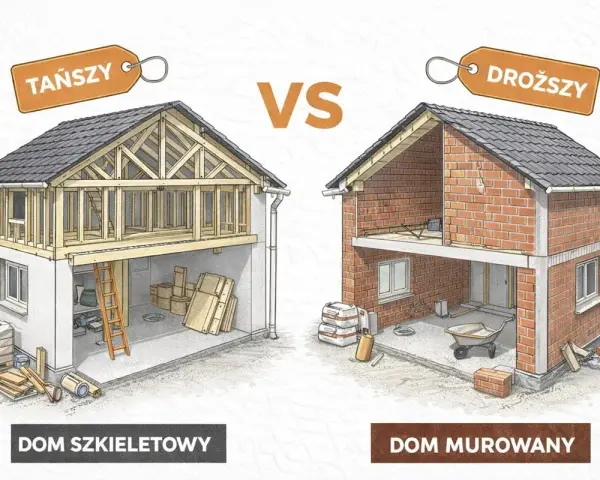 Porównanie: dom szkieletowy (tańszy) vs. dom murowany (droższy). Ilustracja pokazuje przekroje obu budynków.
