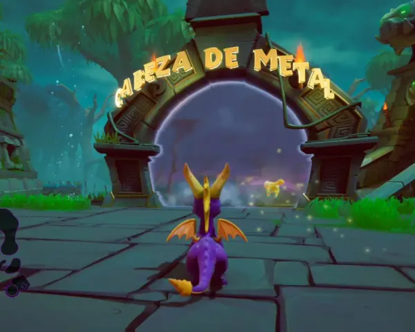 Spyro se acerca a un portal con la inscripción "Cabeza de Metal". El dragón morado está listo para la aventura.