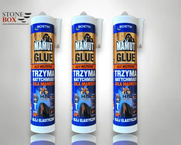 Szukasz, jaki klej do kamienia naturalnego na zewnątrz? Trzy tubki kleju Bostik Mamut Glue, który klei natychmiast z siłą mamuta, idealny do zastosowań zewnętrznych.