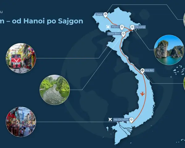 Mapa Wietnamu z trasą od Sapy do Sajgonu. Zobacz Hanoi, Ha Long, Ninh Binh, Hoi An i Ho Chi Minh.