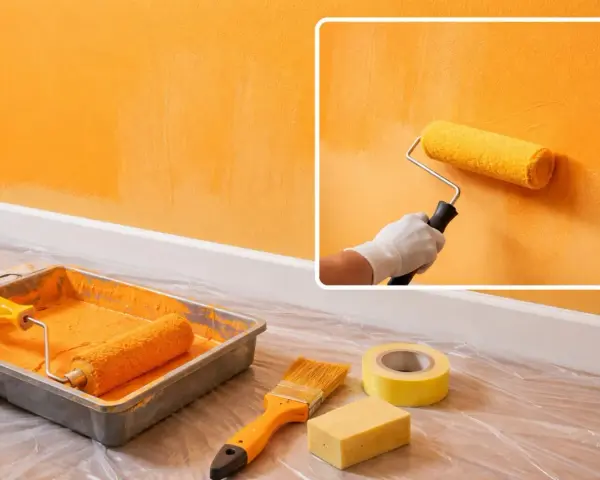 Un rouleau de peinture jaune crée des traces de rouleau à la lumière sur un mur orange. Matériel de peinture à proximité.