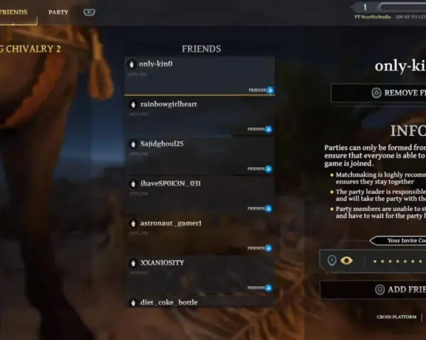 Menu gry Chivalry 2 z listą znajomych i opcją crossplay. Możesz zaprosić przyjaciół do wspólnej gry, niezależnie od platformy.