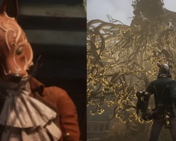 Un zorro rojo con máscara y un personaje con armadura observan un árbol gigante en Lies of P.
