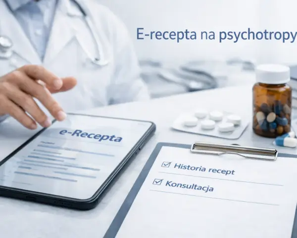 Lekarz korzysta z tabletu z napisem "e-Recepta", przygotowując się do wystawienia recepty na leki psychotropowe.