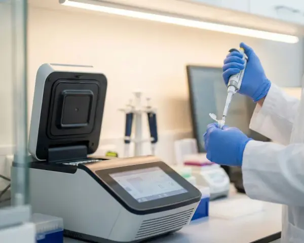 Laborant w rękawiczkach pobiera próbkę pipetą do urządzenia laboratoryjnego.