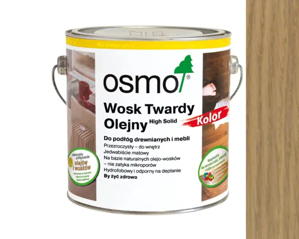 Puszka z produktem Osmo Wosk Twardy Olejny, który jest naturalnym olejowoskiem do podłóg i mebli.