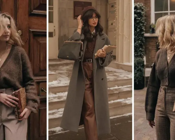Tres mujeres con estilo dark academia, con abrigos largos, cárdigans y pantalones de cuadros, sostienen libros.