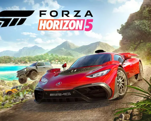 W Forza Horizon 5 ścigają się trzy samochody: czerwony supersamochód, szary SUV i pomarańczowy terenowy pojazd.