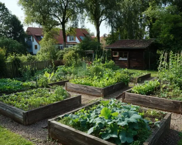 Ein moderner Bauerngarten mit Hochbeeten voller Gemüse und Kräuter. Im Hintergrund ein kleines Holzhaus und Bäume.