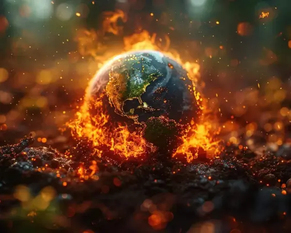 Ziemia w płomieniach, jakby baran jaki żywioł ogarnął planetę. Żar i iskry unoszą się w powietrzu, tworząc apokaliptyczny obraz.