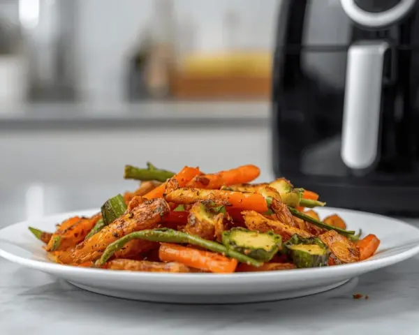 Un piatto di verdure miste, come carote, zucchine e fagiolini, cotte alla perfezione nella friggitrice ad aria, con un contorno dorato e saporito.