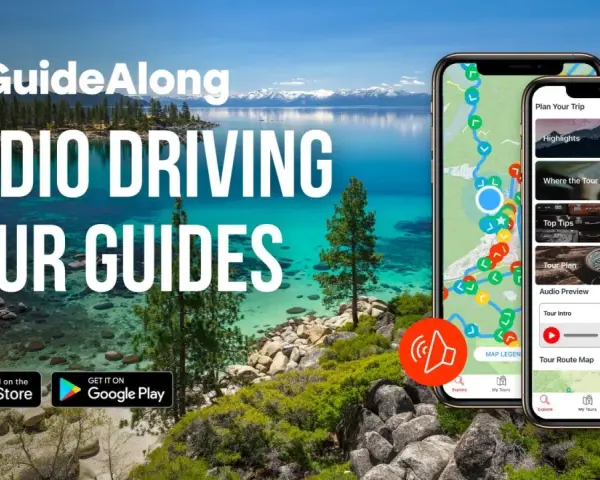 Piękne jezioro Tahoe z górami w tle. Obok dwa telefony z aplikacją GuideAlong - audio przewodniki po trasach, idealne na wycieczkę nad jezioro Tahoe.