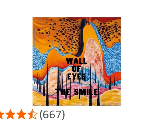 Obraz "Wall of Eyes" zespołu The Smile. Surrealistyczna kompozycja z licznymi oczami na pomarańczowym tle, przypominająca ścianę spojrzeń.