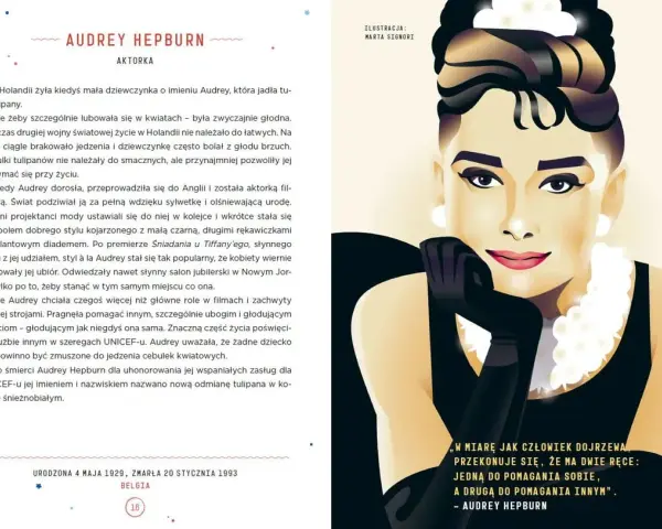Portret kobiecy wiersz. Ikoniczna Audrey Hepburn w czarnej sukni i białej biżuterii, z cytatem o pomaganiu.