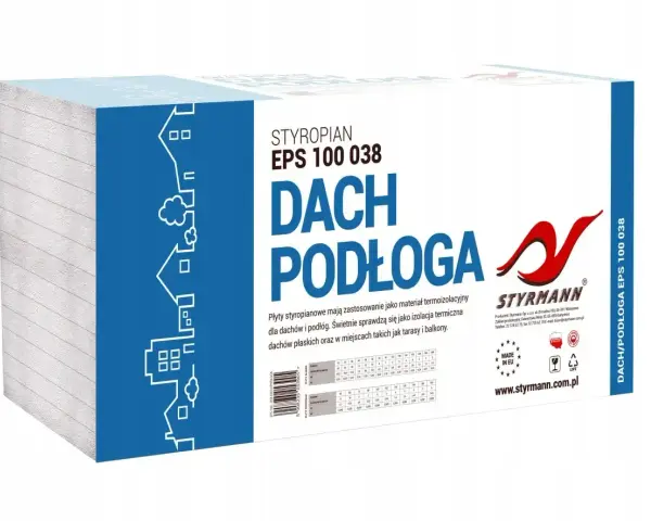 Paczka styropianu 5 z napisem "DACH PODŁOGA" i logo Styrmann. Idealna do izolacji termicznej dachów i podłóg.