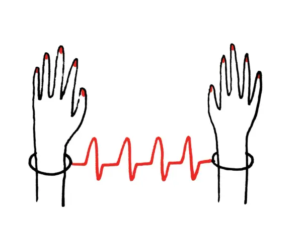 Dwie dłonie z czerwonymi paznokciami połączone linią EKG. Symbolizuje to trudny wybór związany z eutanazją.