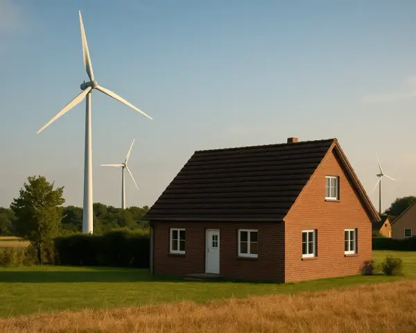 Domy w otoczeniu pól i wiatraków, symbolizujące nowe możliwości dzięki ustawie wiatrakowej.