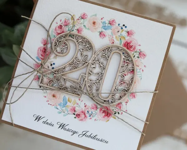Elegancka kartka z życzeniami na 20 rocznicę ślubu, ozdobiona drewnianą cyfrą "20" i kwiatowym wiankiem.