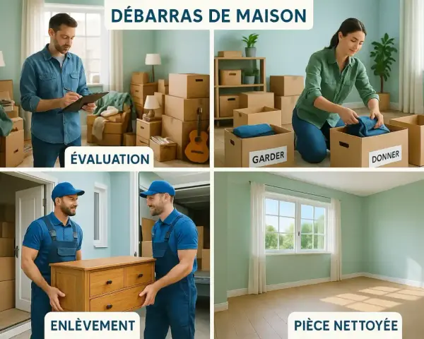Débarras de maison : évaluation, tri (garder, donner, jeter), enlèvement et pièce nettoyée.