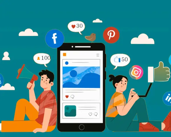 Dos personas interactúan con iconos de redes sociales, un teléfono y un portátil, ilustrando el social media marketing.