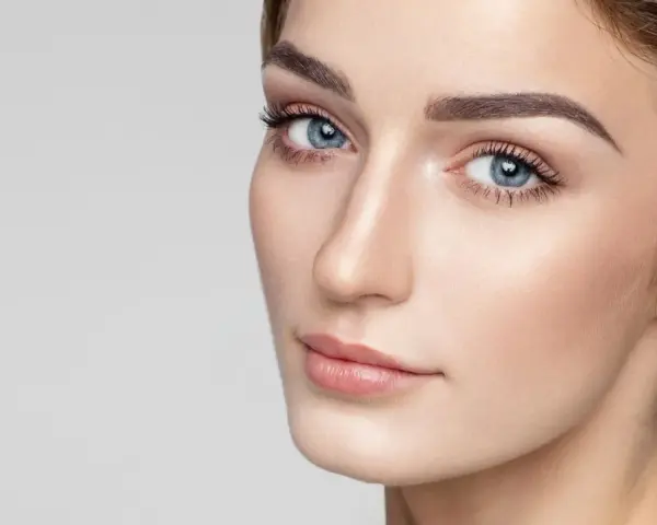 Delikatne rysy twarzy, podkreślone subtelnie zaznaczone mięśnie brody, błękitne oczy i perfekcyjny makijaż.