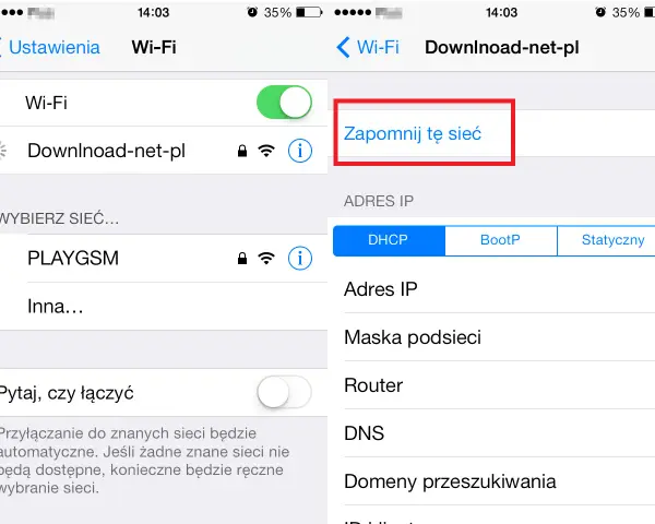 Na ekranie iPhone'a widać opcję "Zapomnij tę sieć", która pozwala wyłącz internet z tej konkretnej sieci Wi-Fi.