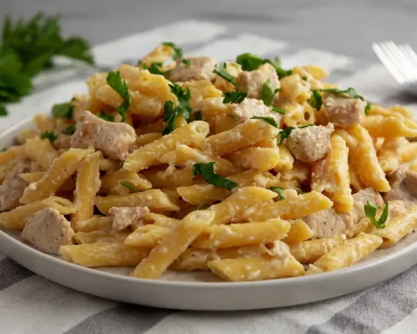 Penne z kurczakiem w kremowym sosie, posypane natką pietruszki. Pyszne danie, które zadowoli każdego miłośnika makaronu.