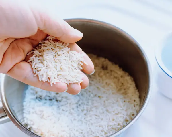 Mano sosteniendo arroz para calcular el tiempo cocción arroz perfecto. Olla con arroz y taza de agua al lado.