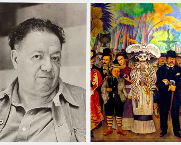 Diego Rivera, kahlos man, bredvid en målning med Frida Kahlo och en skelettfigur.