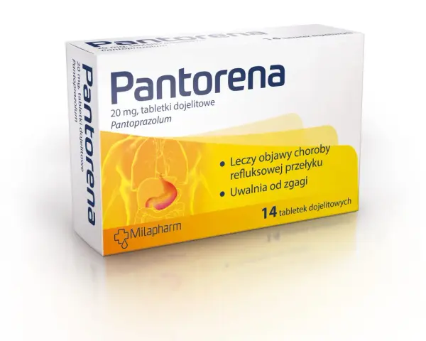 Opakowanie leku Pantorena 20 mg, tabletki dojelitowe, z grafiką żołądka.