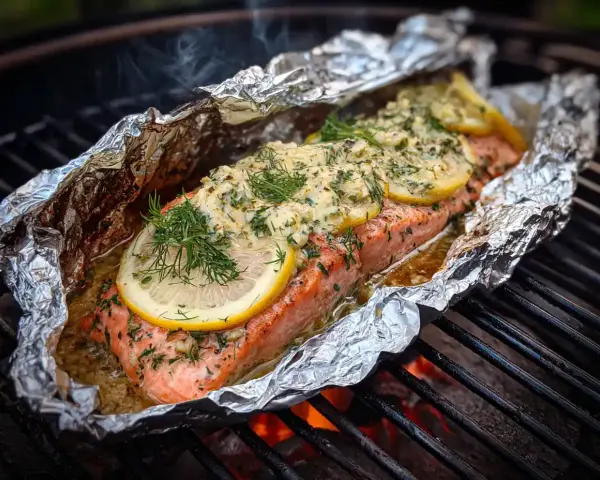 En saftig grillad laxsida i folie, toppad med citronskivor och dill, ångar på grillen.