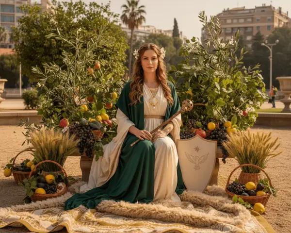 Mujer con túnica verde y blanca, rodeada de frutas y espigas, evoca la templanza y la emperatriz tarot.