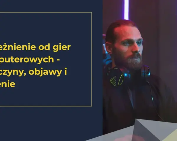Mężczyzna w słuchawkach, zamyślony, może potrzebować testu na uzależnienie od gier. Tekst: Uzależnienie od gier komputerowych - przyczyny, objawy i leczenie.