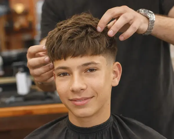 Ein Junge mit einem modernen Haarschnitt, der von einem Friseur gestylt wird. Diese Frisuren für Jungs sind im Trend.