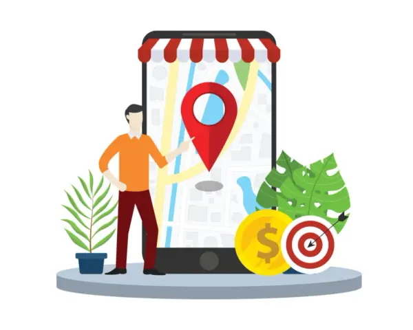 Hombre señalando un mapa en un móvil, simbolizando el **posicionamiento web local**. Moneda y diana sugieren éxito y objetivos.