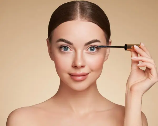 Femme appliquant du mascara sur ses cils, regard bleu intense.