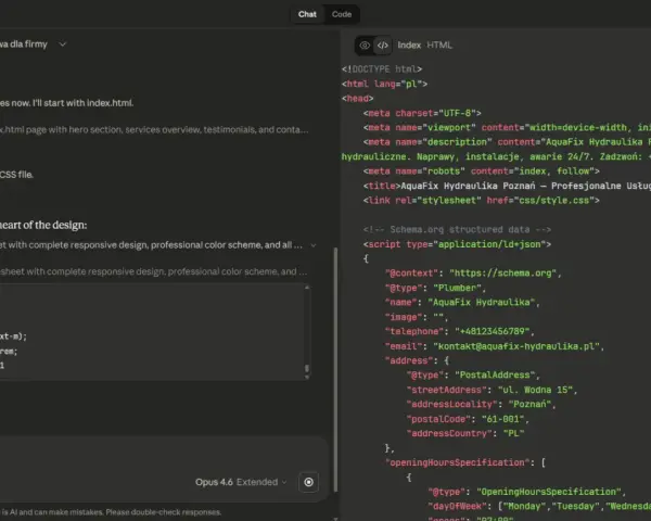 Kod HTML z danymi strukturalnymi Schema.org, zawierający znaczniki semantyczne dla firmy hydraulicznej.
