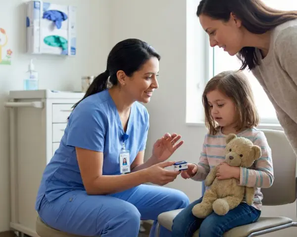 Pielęgniarka pediatryczna z uśmiechem pokazuje pulsoksymetr dziecku, które trzyma misia. Obok stoi mama.