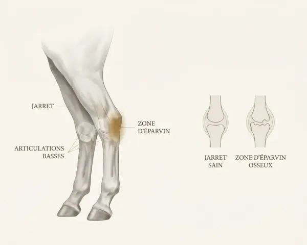 Illustration anatomique du jarret de cheval, montrant la zone d'éparvin et les articulations basses. Comparaison entre un jarret sain et une zone d'éparvin osseuse.